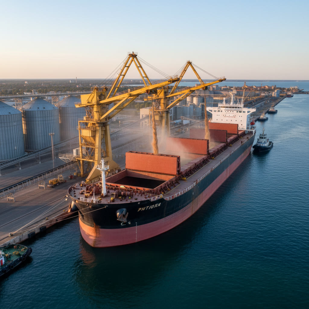 Bulk cargo vessel loading agricultural commodities at Black Sea port